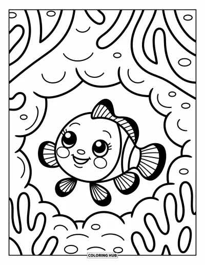 Fish Coloring Page for Adults: A curious clownfish peeks out from a cozy coral cave, while another searches nearby playfully