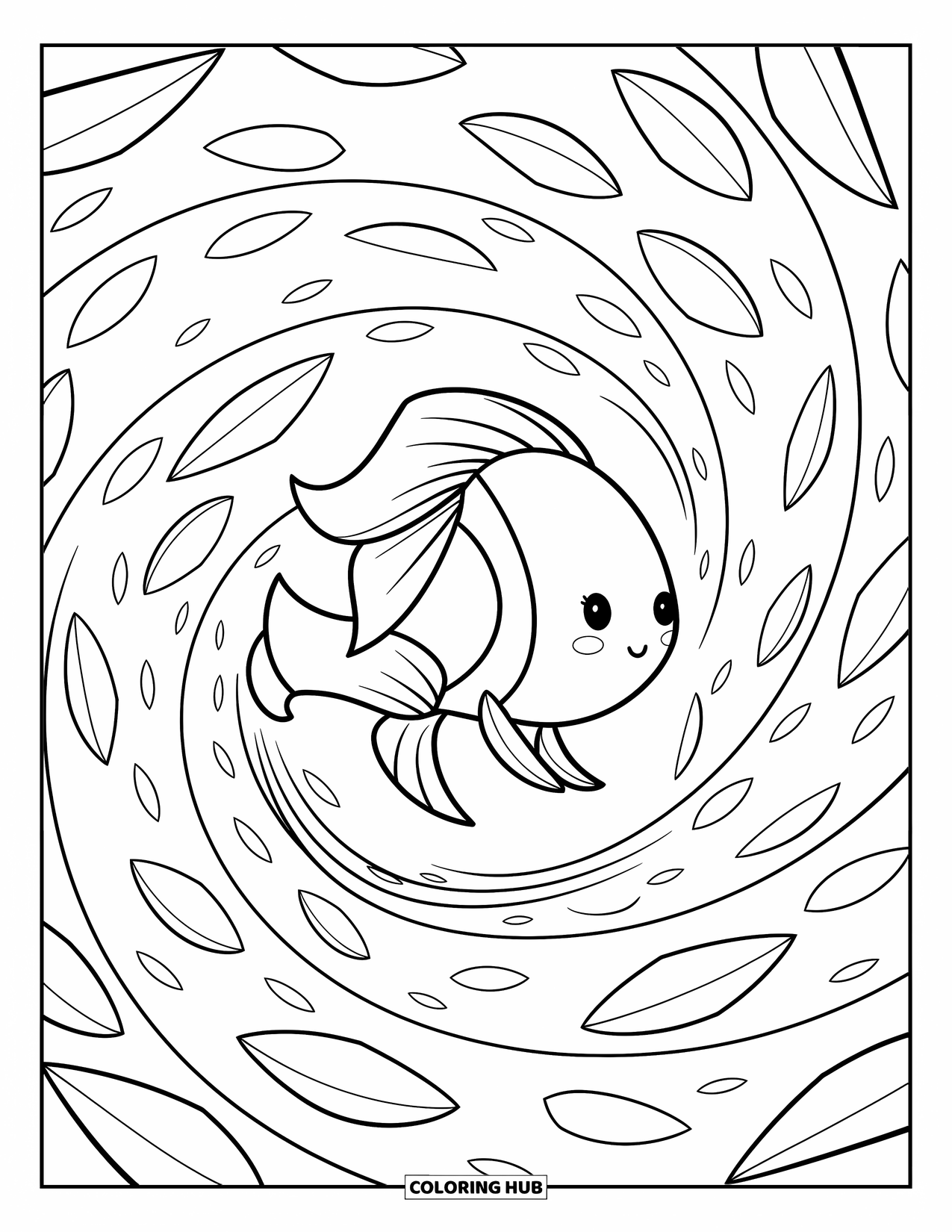 Disegno da colorare di pesci per adulti: Un pesce delicato fluttua tra petali galleggianti, circondato da onde morbide e delicati vortici oceanici