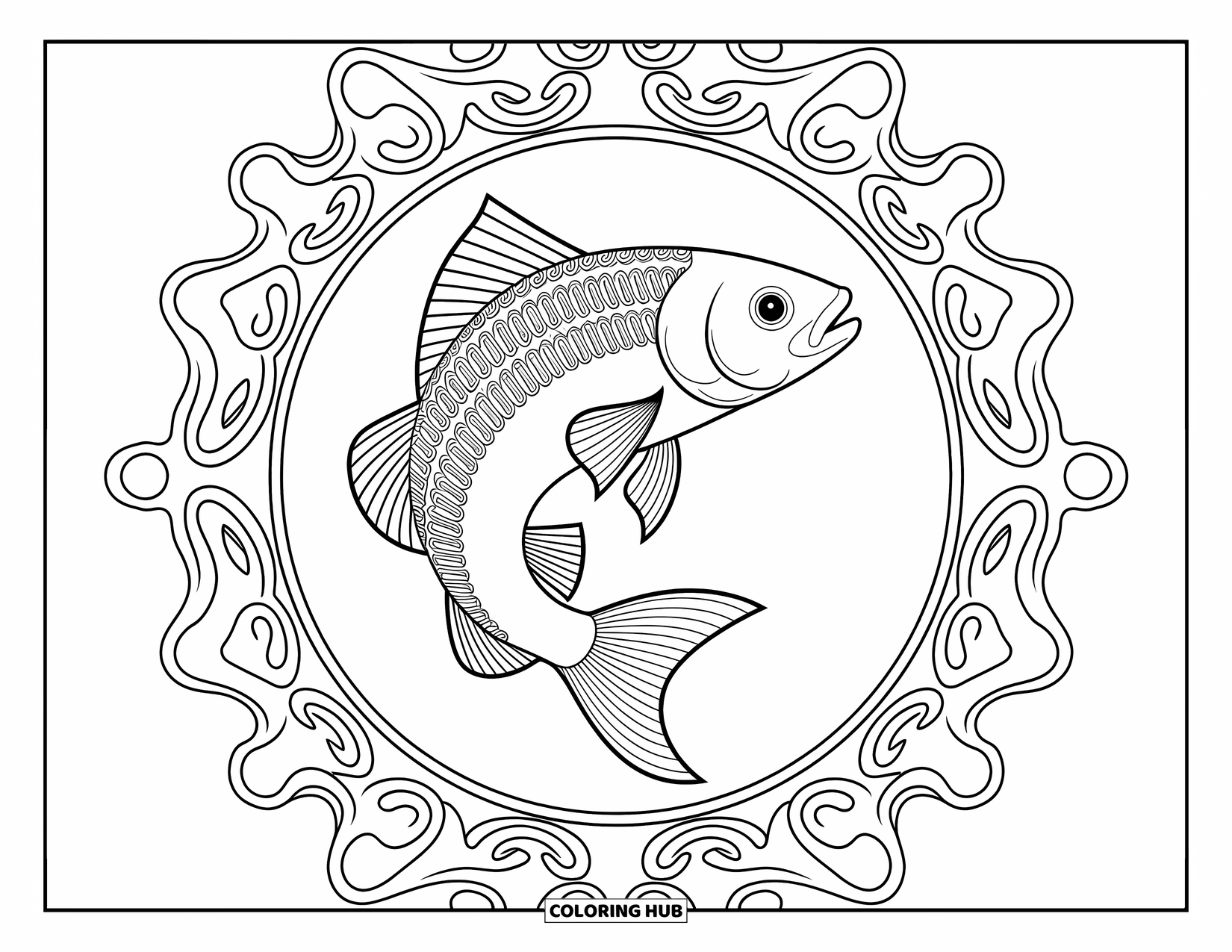 Disegno da colorare di pesci per adulti: Un pesce dettagliato con motivi vorticosi è incorniciato da un intricato disegno circolare