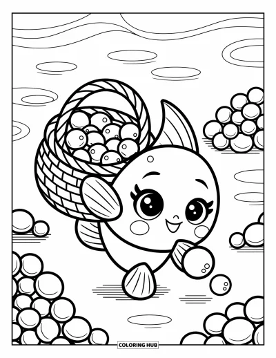 Fish Coloring Page for Adults: A determined fish carefully collects pearls in a seaweed basket, surrounded by soft ocean ripples