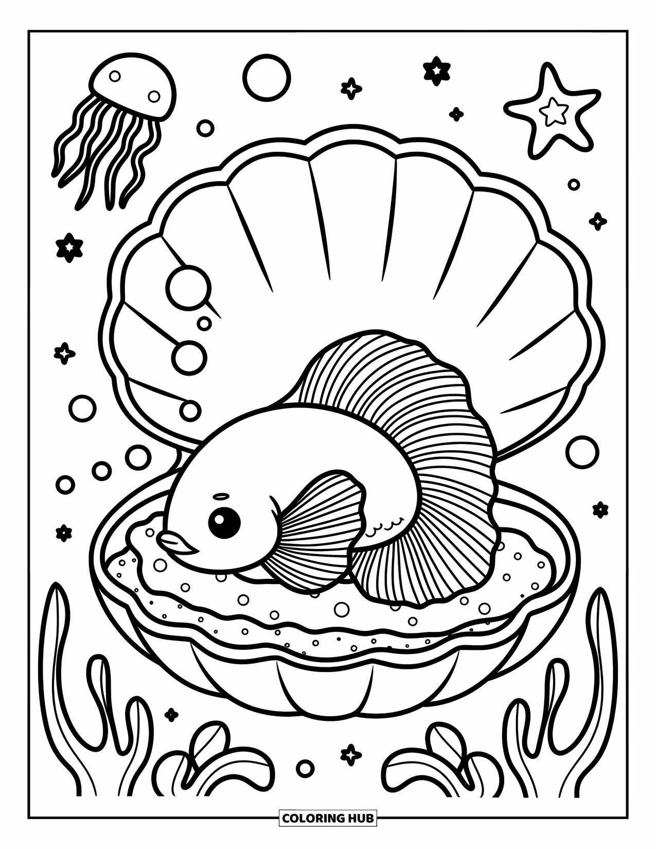 Disegno da colorare di pesci per adulti: Un pesce betta sognante riposa all'interno di una conchiglia gigante, galleggiando pacificamente in un oceano pieno di bolle