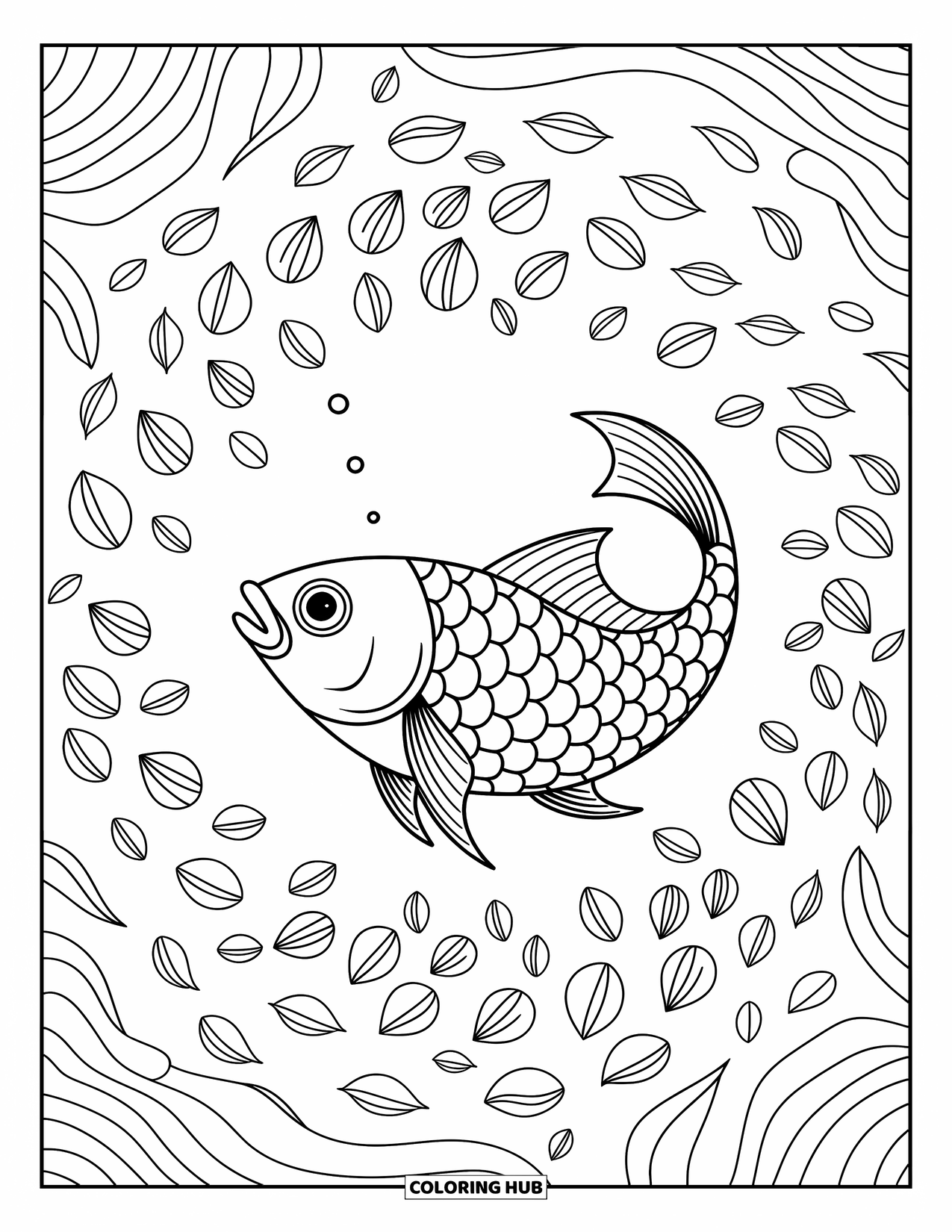 Disegno da colorare di pesci per adulti: Un pesce scivola attraverso un vortice magico di petali, creando un mondo sottomarino morbido, simile a un giardino