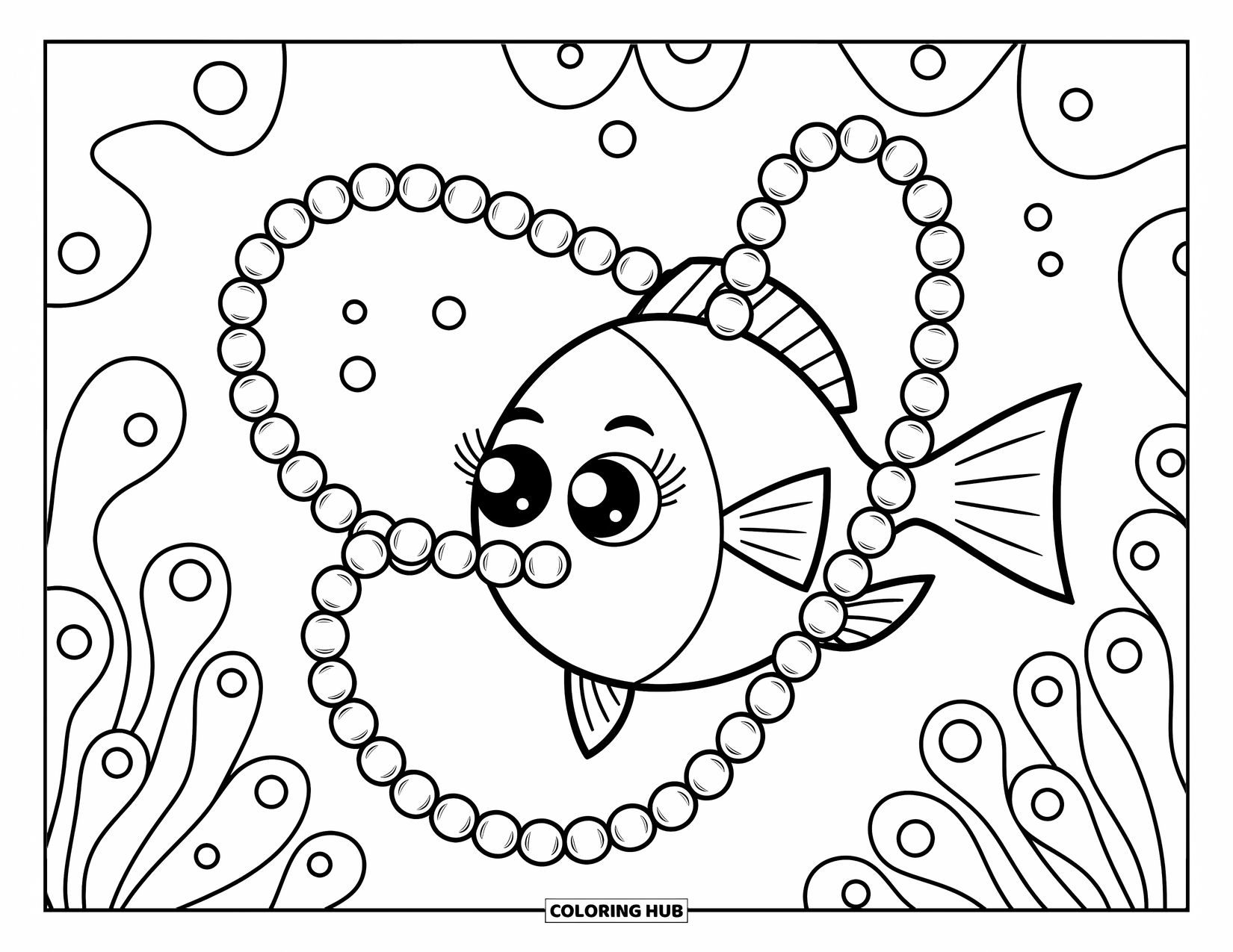 Disegno da colorare di pesci per adulti: Un pesce fa roteare giocosamente una collana di perle intorno al suo corpo, creando un effetto ondulato e scintillante