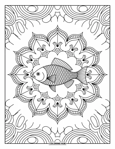 Fish Coloring Page for Adults: A fish rests at the center of an intricate mandala-style design