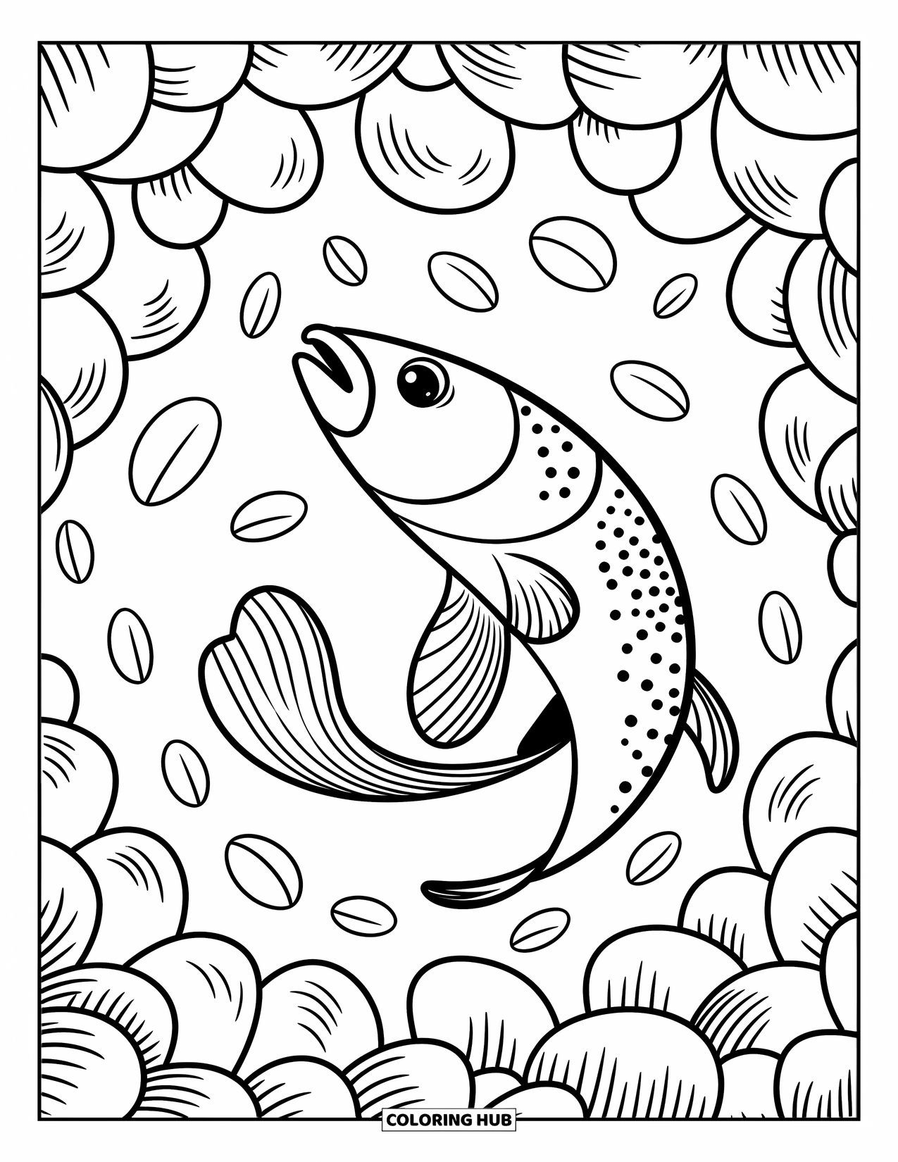 Disegno da colorare di pesci per adulti: Un pesce nuota senza sforzo attraverso una nuvola vorticosa di petali, creando una scena pacifica e stravagante