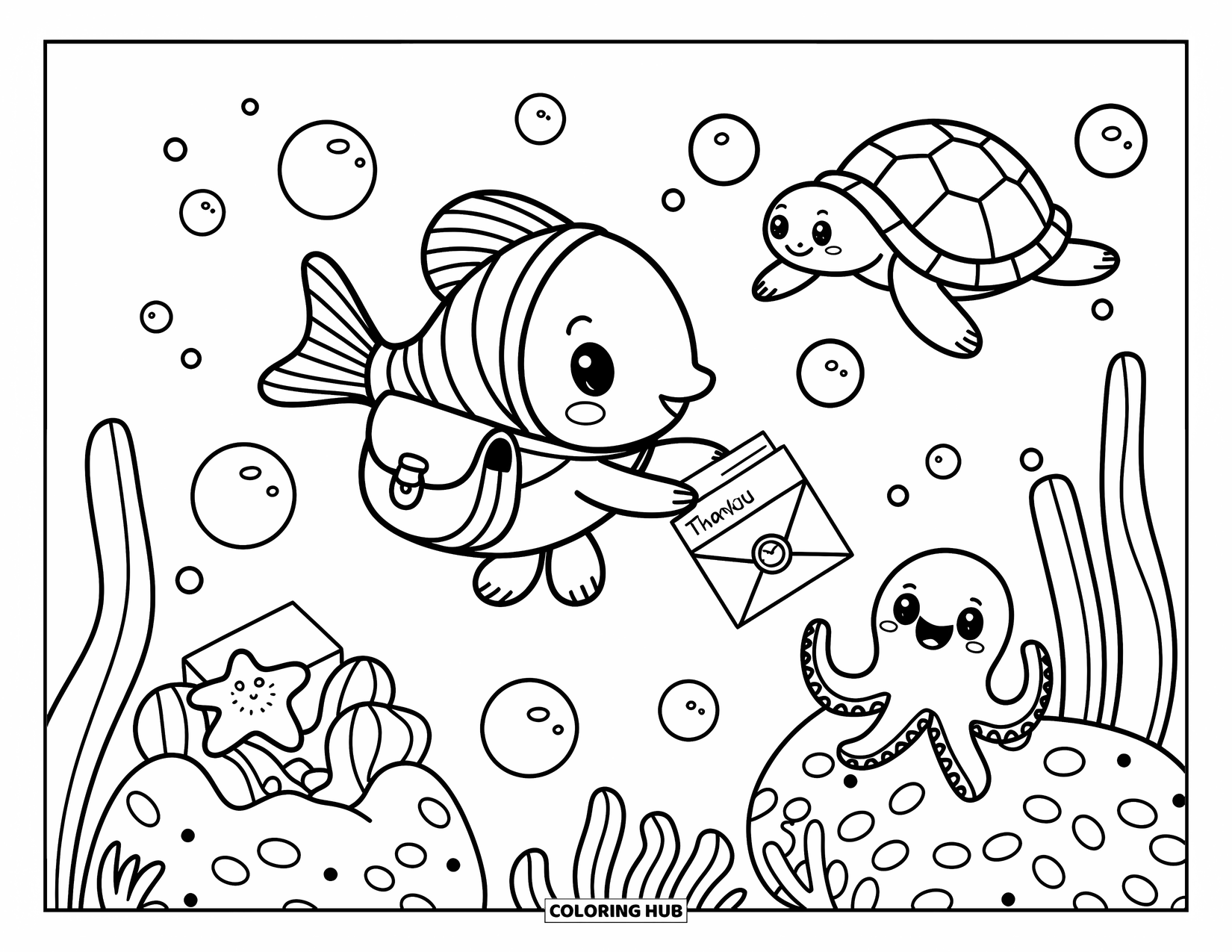 Disegno da colorare di pesci per adulti: Un pesce amichevole consegna lettere racchiuse in bolle a eccitate creature marine in una stravagante scena sottomarina
