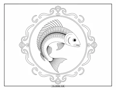 Fish Coloring Page for Adults: A gracefully curved fish floats inside a decorative frame filled with elegant patterns