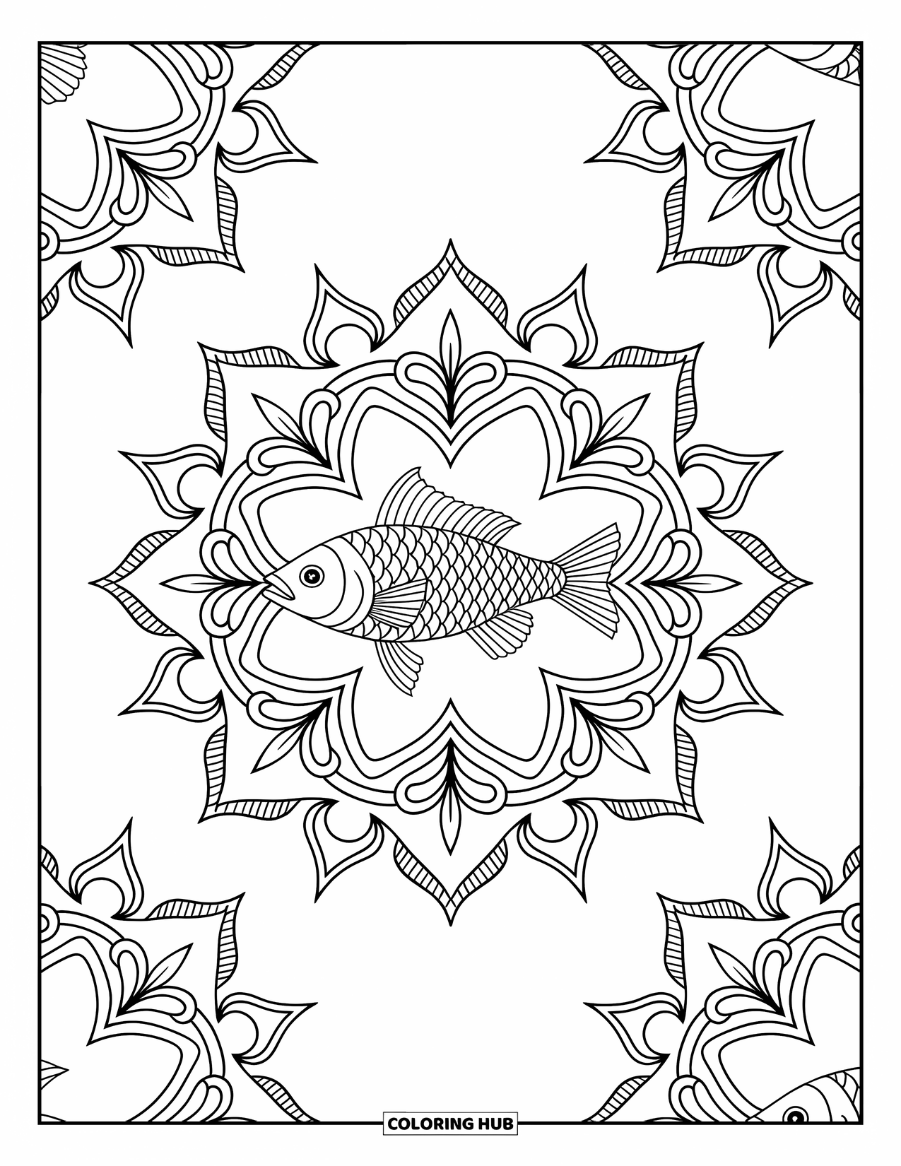 Disegno da colorare di pesci per adulti: Un pesce splendidamente dettagliato si trova all'interno di un elegante design in stile mandala