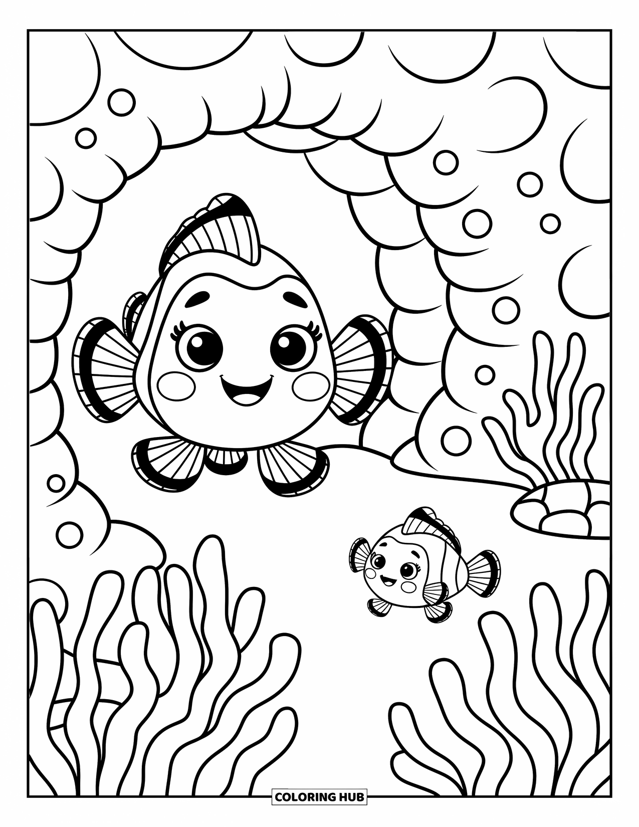 Disegno da colorare di pesci per adulti: Un pesce pagliaccio felice sbircia da una grotta di corallo, mentre un secondo nuota curiosamente intorno