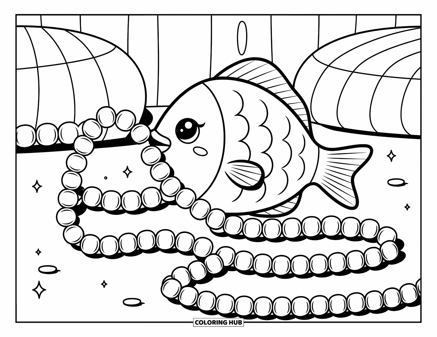 Disegno di pesce da colorare per adulti: Un pesce felice avvolge una collana di perle attorno a sé, circondato da accoglienti elementi sottomarini