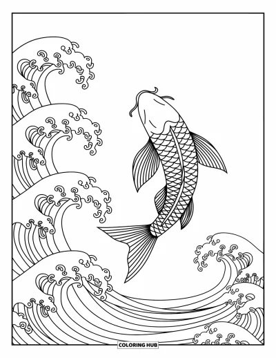 Fish Coloring Page for Adults: A koi fish leaps over curling waves, surrounded by intricate patterns