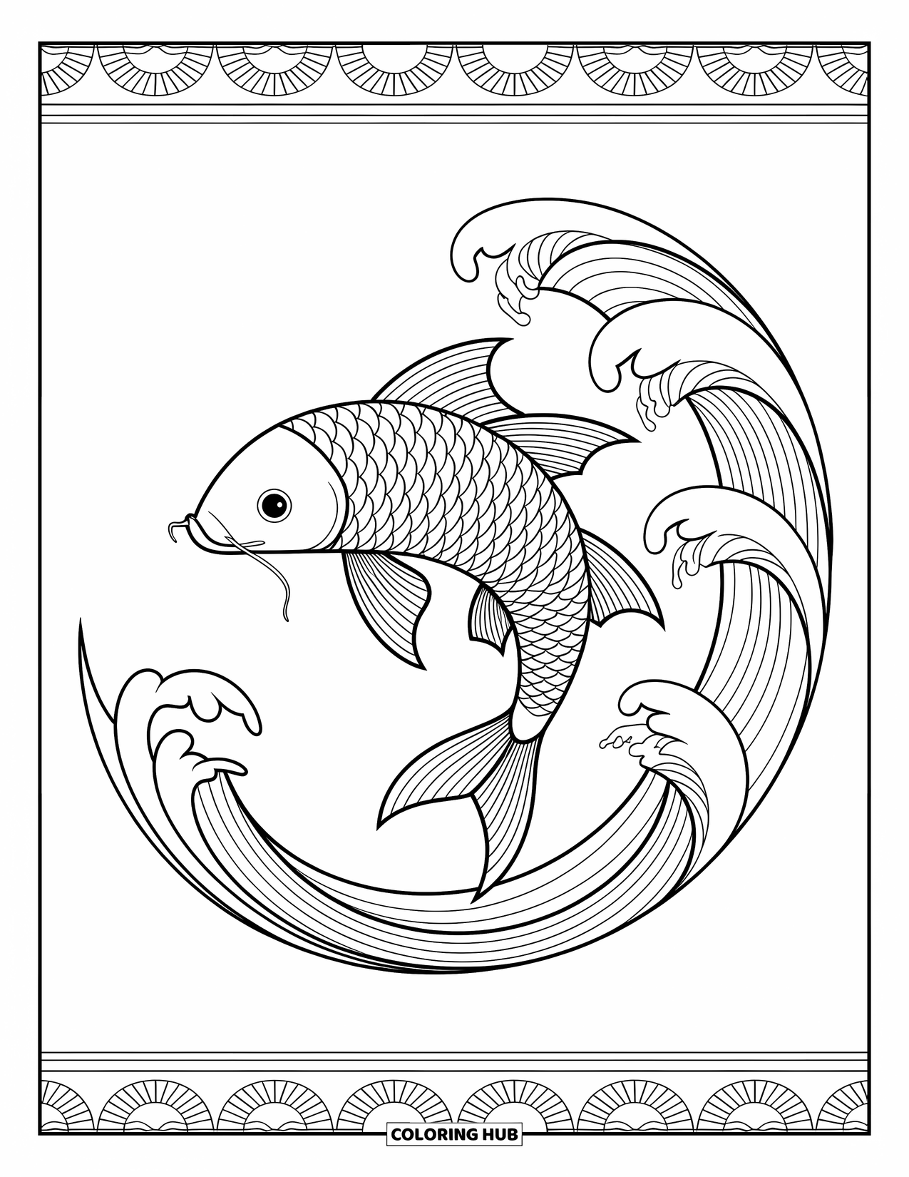 Disegno da colorare di pesci per adulti: Un pesce koi salta sopra onde eleganti e arricciate in un design sofisticato