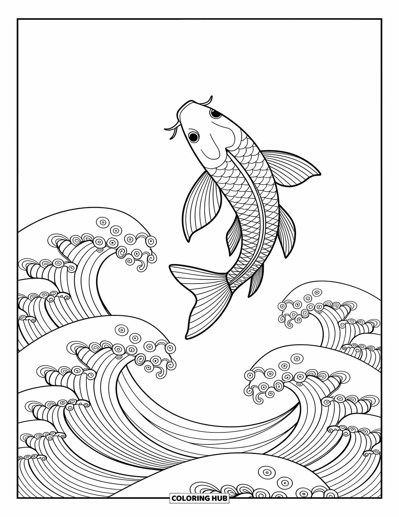 Disegno da colorare di pesci per adulti: Un pesce koi si muove con grazia sopra fluenti motivi artistici a onde