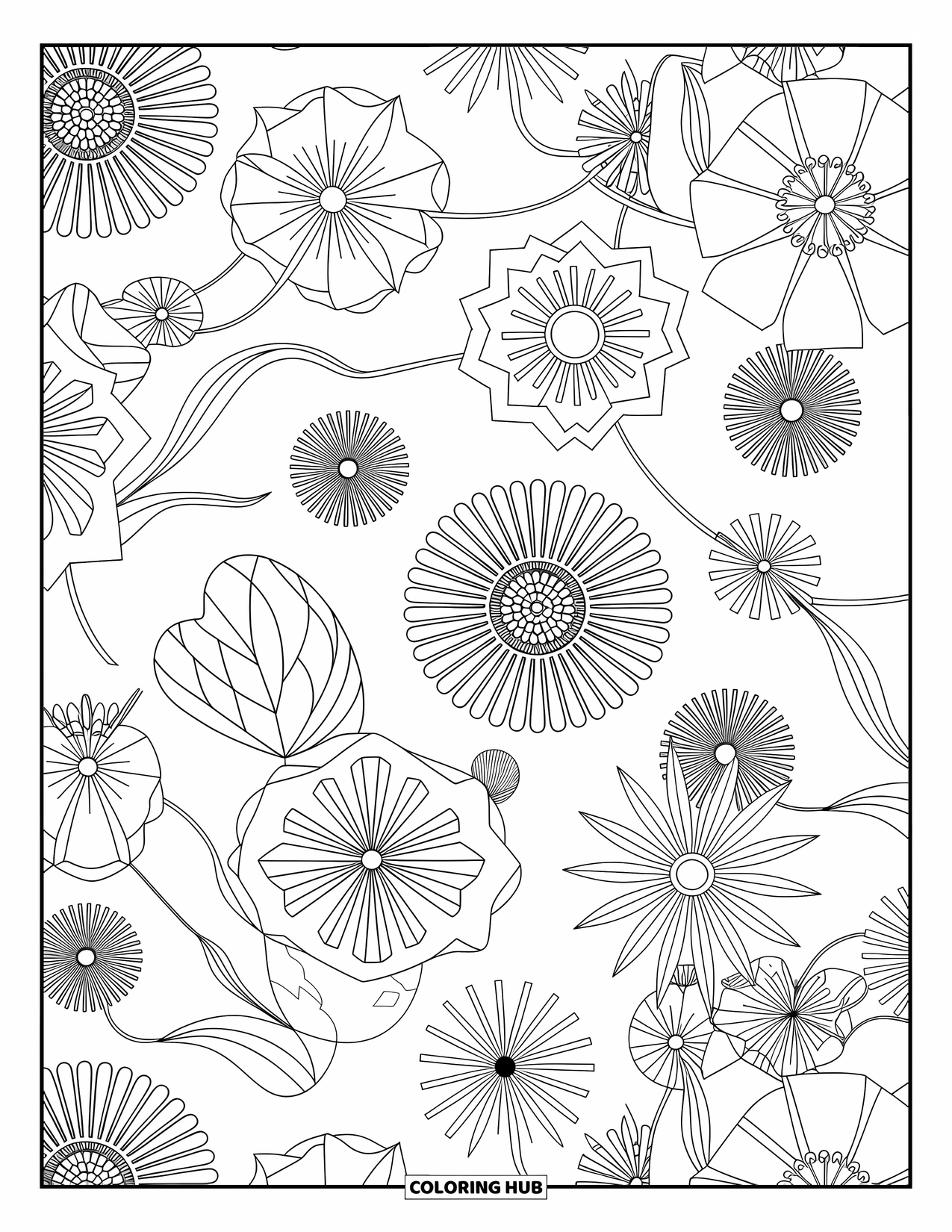 Disegno da colorare di pesci per adulti: Un'affascinante miscela di motivi floreali e geometrici in una composizione elegante