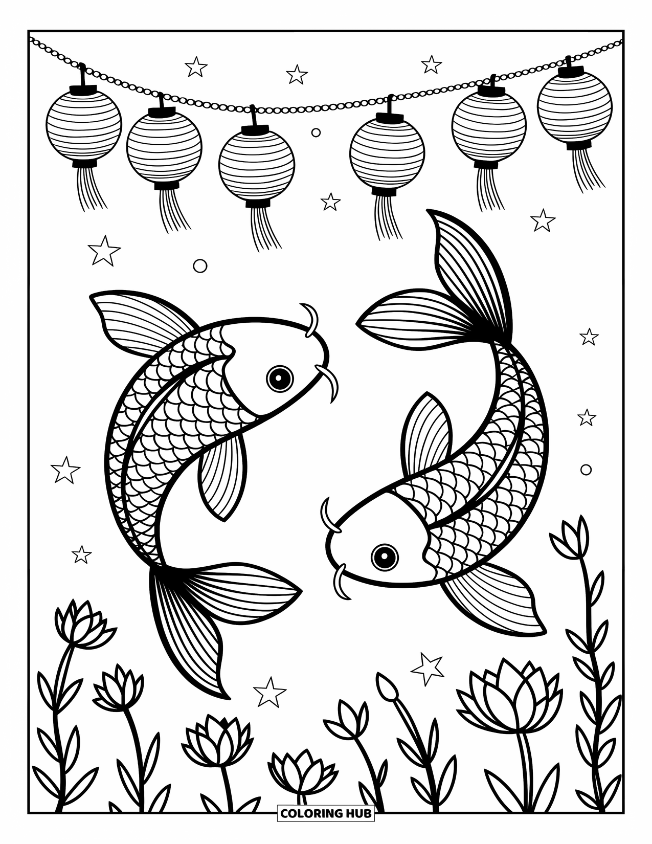 Disegno di pesce da colorare per adulti: Una coppia di pesci koi ruota attorno a lanterne che brillano delicatamente, circondati da bolle e fiori delicati