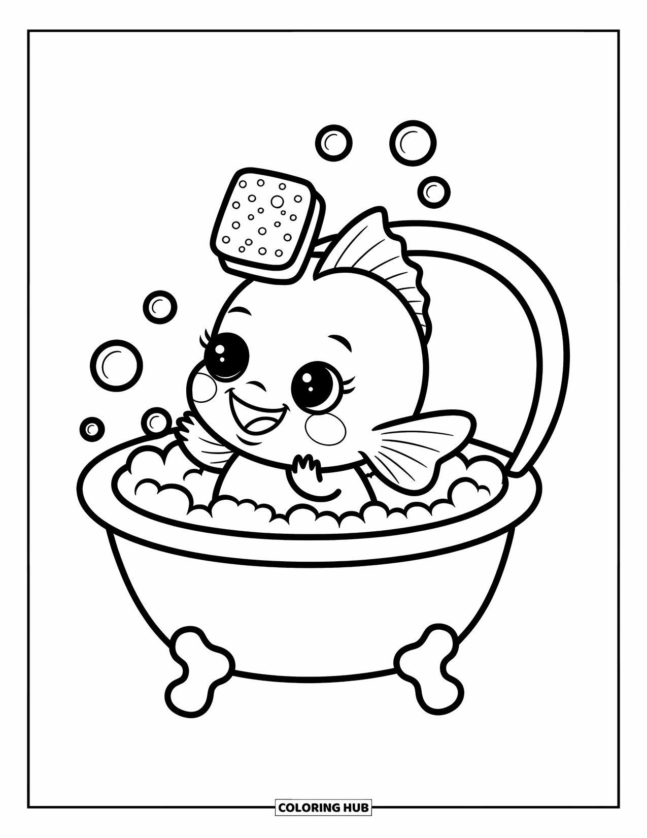 Disegno di pesce da colorare per adulti: Un giocoso pesciolino fa il bagno in una vasca a forma di conchiglia, circondato da bolle e una spugna galleggiante