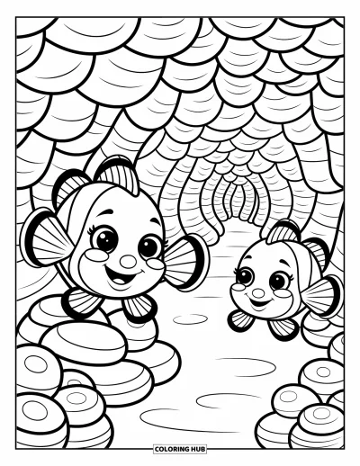 Fish Coloring Page for Adults: A playful clownfish hides in a coral cave while another explores the maze-like coral formations