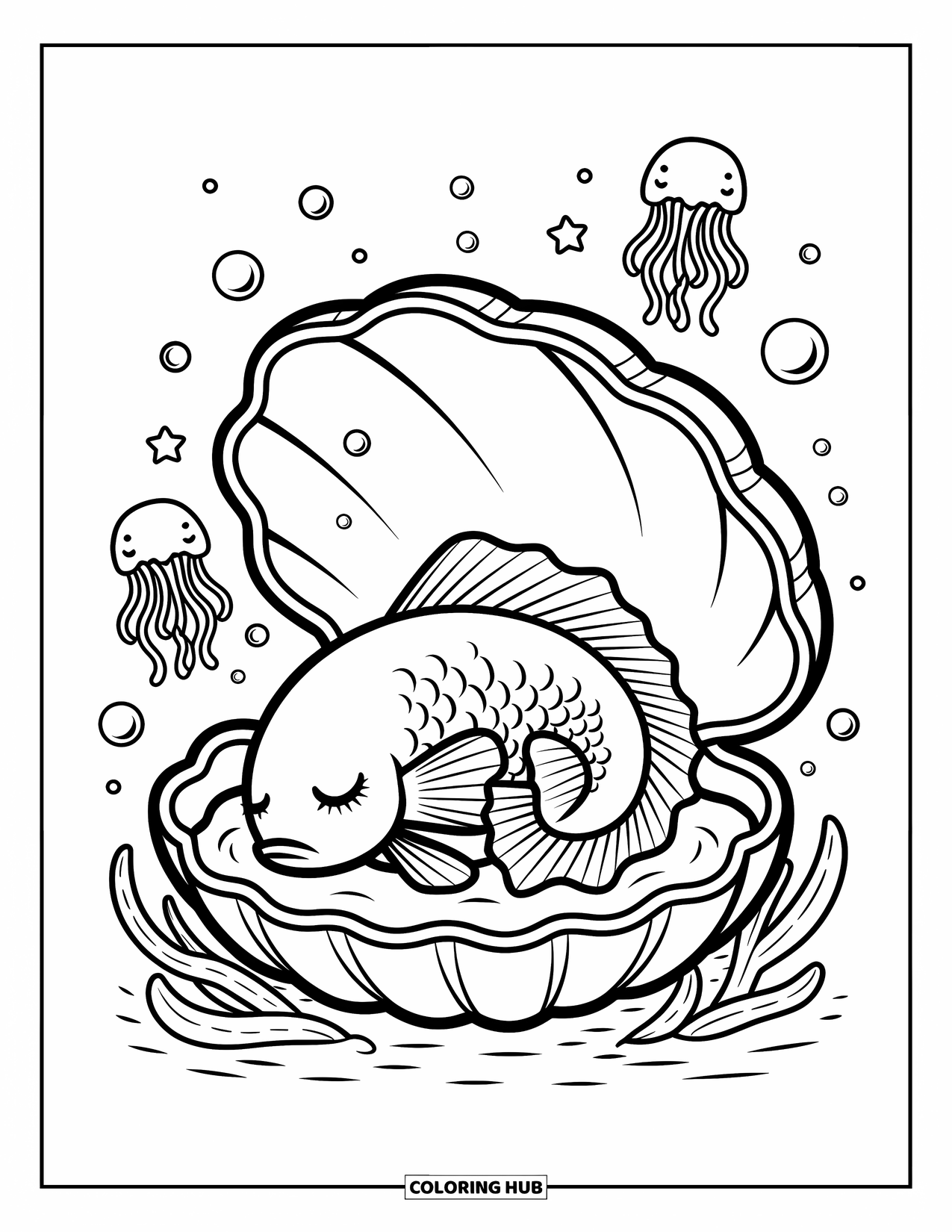 Disegno da colorare di pesci per adulti: Un pesce betta assonnato si rannicchia in un letto gigante a forma di conchiglia, avvolto in una morbida coperta di alghe