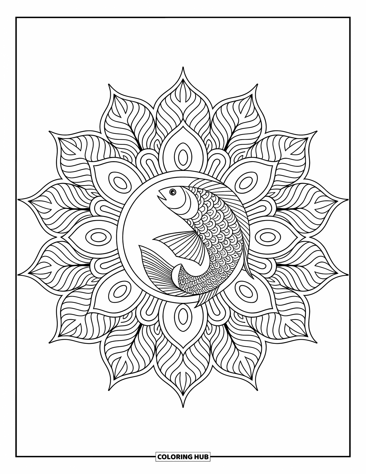 Disegno da colorare di pesci per adulti: Uno splendido mandala con un pesce al centro con intricati motivi circostanti