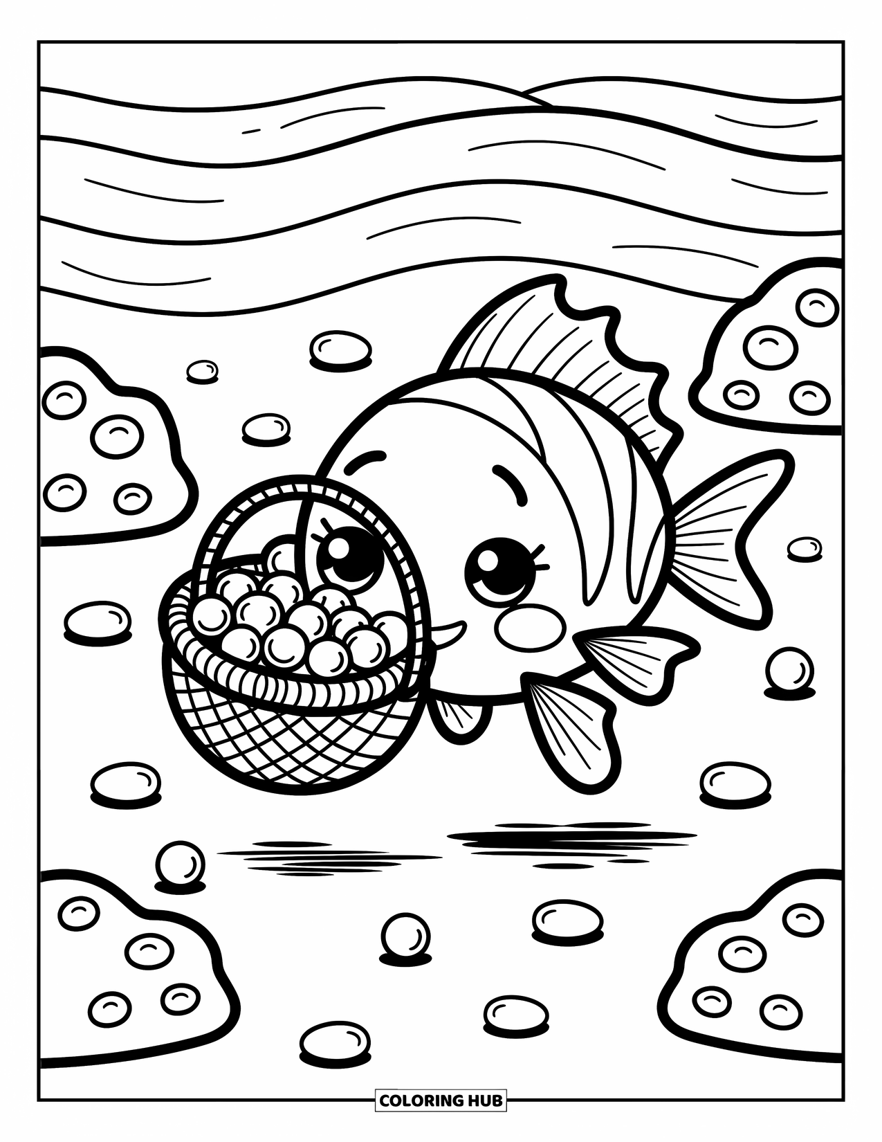 Disegno di pesce da colorare per adulti: Un minuscolo pesce trasporta un cesto di alghe intrecciate pieno di perle lucenti, raccogliendone un'altra dalla sabbia