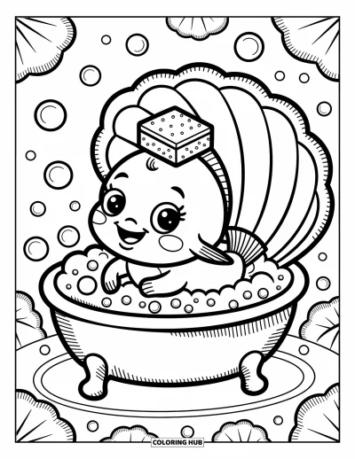 Fish Coloring Page for Adults: A tiny fish giggles as it plays in a bubbly clamshell tub, with a sponge perched on its head