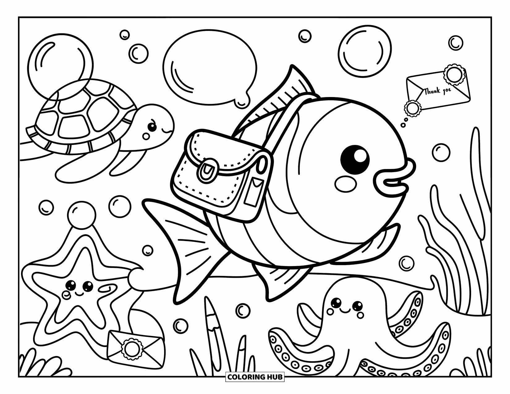 Disegno di pesce da colorare per adulti: Un minuscolo pesce postino consegna lettere avvolte in pluriball a una tartaruga assonnata, una stella marina e un polpo