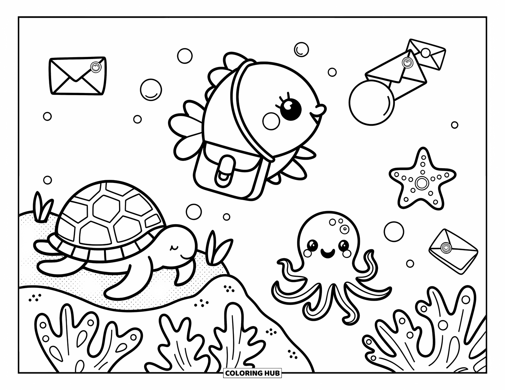 Disegno da colorare di pesci per adulti: Un minuscolo pesce postino consegna lettere a creature marine, con una tartaruga e un polpo che aspettano con impazienza