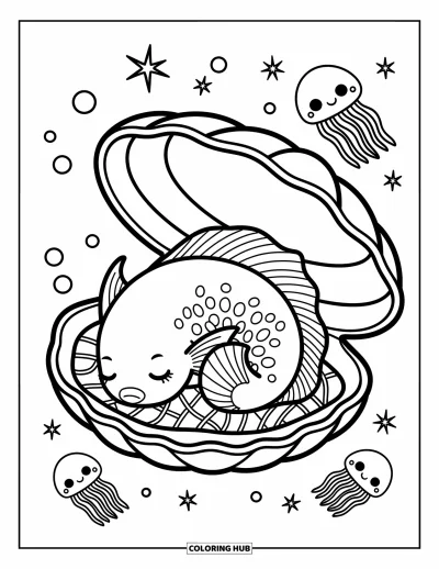 Fish Coloring Page for Adults: A tired betta fish snuggles into a seashell, drifting to sleep among twinkling underwater stars