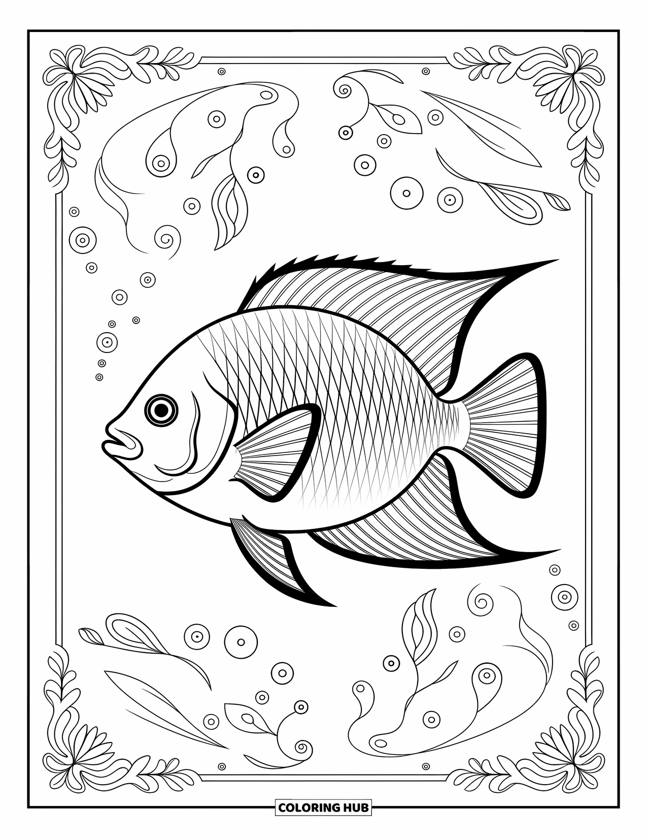 Disegno da colorare di pesci per adulti: Un pesce tropicale con motivi eleganti nuota all'interno di un design intricato e dettagliato