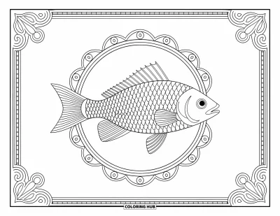Fish Coloring Page for Adults: An elegant fish adorned with intricate patterns swims within a decorative circular frame