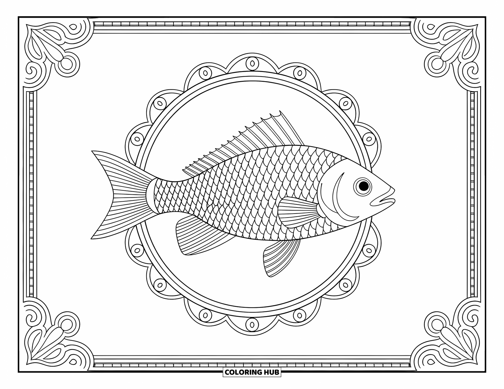 Disegno da colorare di pesci per adulti: Un elegante pesce ornato con motivi intricati nuota all'interno di una cornice circolare decorativa