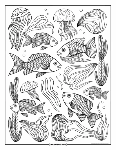 Fish Coloring Page for Adults: An intricate underwater world with fish, jellyfish, and flowing seaweed patterns