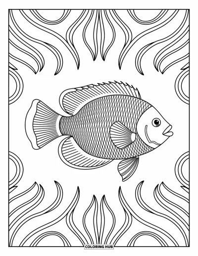 Fish Coloring Page for Adults: An intricately detailed tropical fish with ornate, swirling patterns