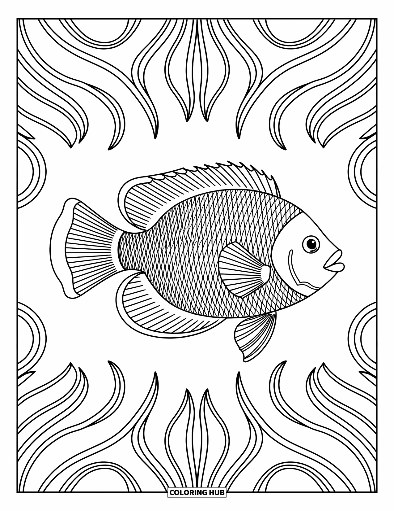 Disegno da colorare di pesci per adulti: Un pesce tropicale finemente dettagliato con motivi ornati e vorticosi