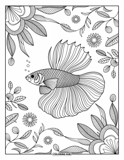 Fish Coloring Page for Adults: An ornate betta fish with flowing fins surrounded by delicate floral patterns