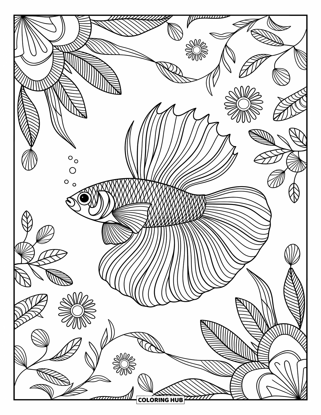 Disegno da colorare di pesci per adulti: Un pesce betta ornato con pinne fluenti circondato da delicati motivi floreali