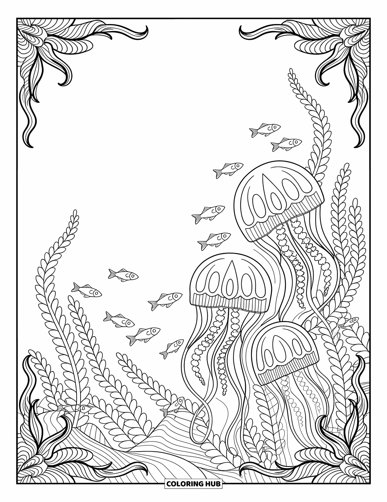 Disegno da colorare di pesci per adulti: Alghe delicate turbinano intorno a pesci e meduse in questa dettagliata scena oceanica