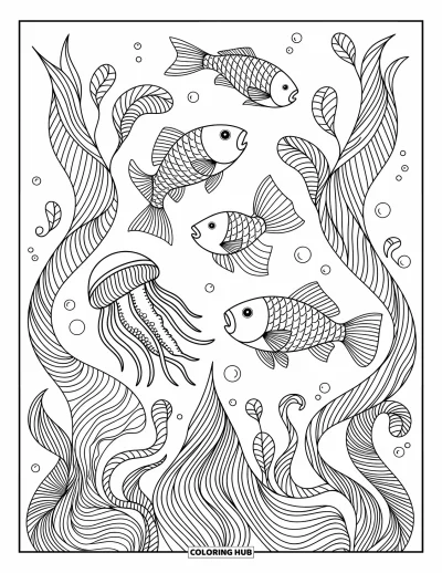 Fish Coloring Page for Adults: Fish and jellyfish dance among seaweed in a mesmerizing underwater scene