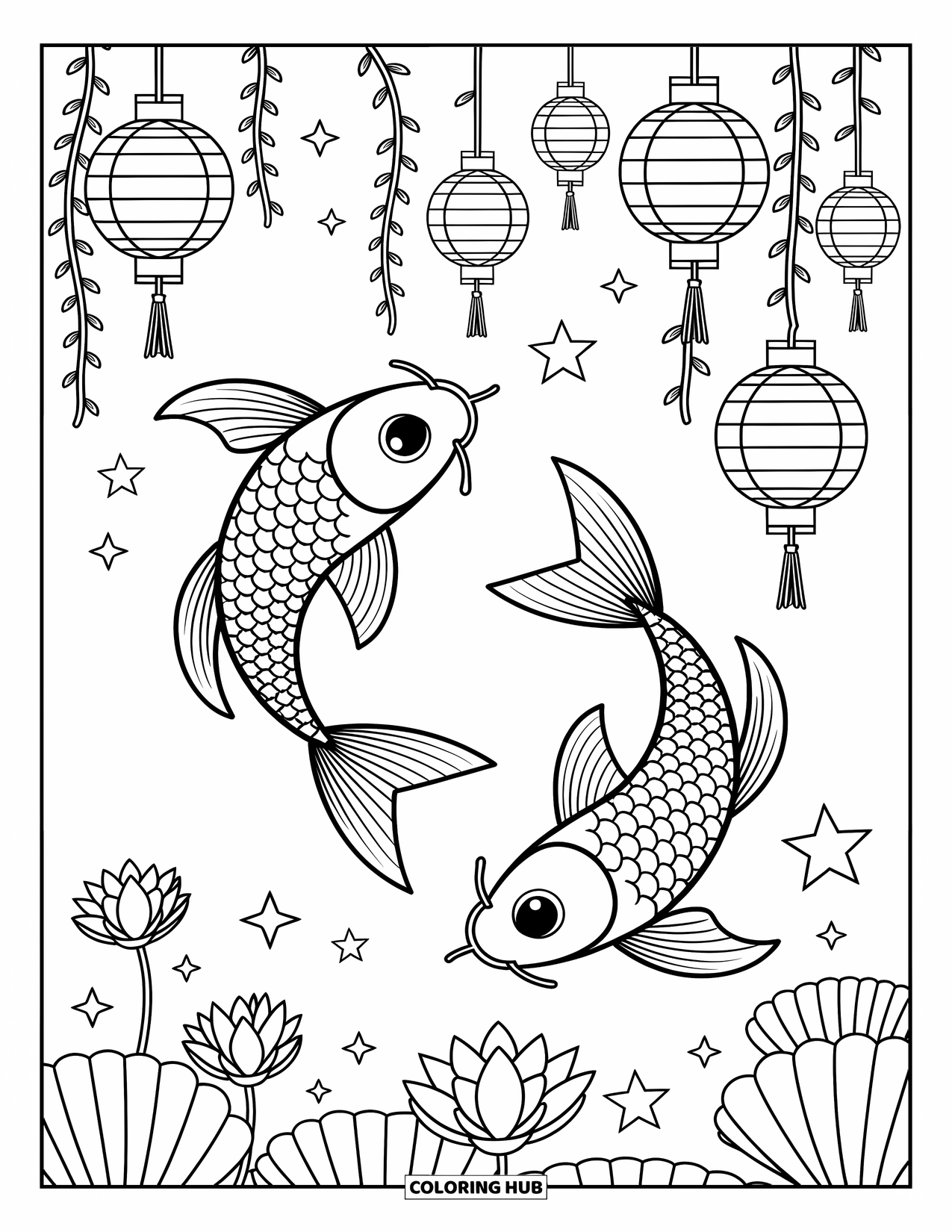 Disegno da colorare di pesci per adulti: Graziosi pesci koi scivolano intorno a lanterne galleggianti luminose, circondati da bolle di stelle scintillanti
