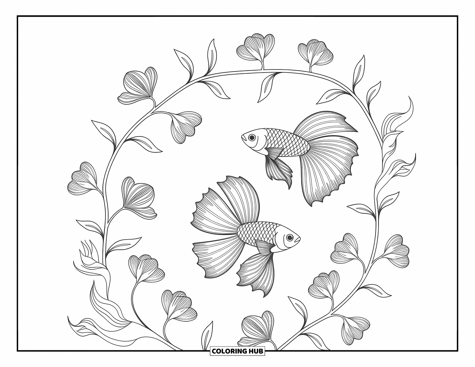Disegno da colorare di pesci per adulti: Pesci betta ornati scivolano attraverso un mare di intricati disegni floreali