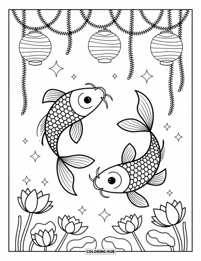 Fish Coloring Page for Adults: Two elegant koi fish swim around floating lanterns hanging from seaweed vines in a peaceful scene