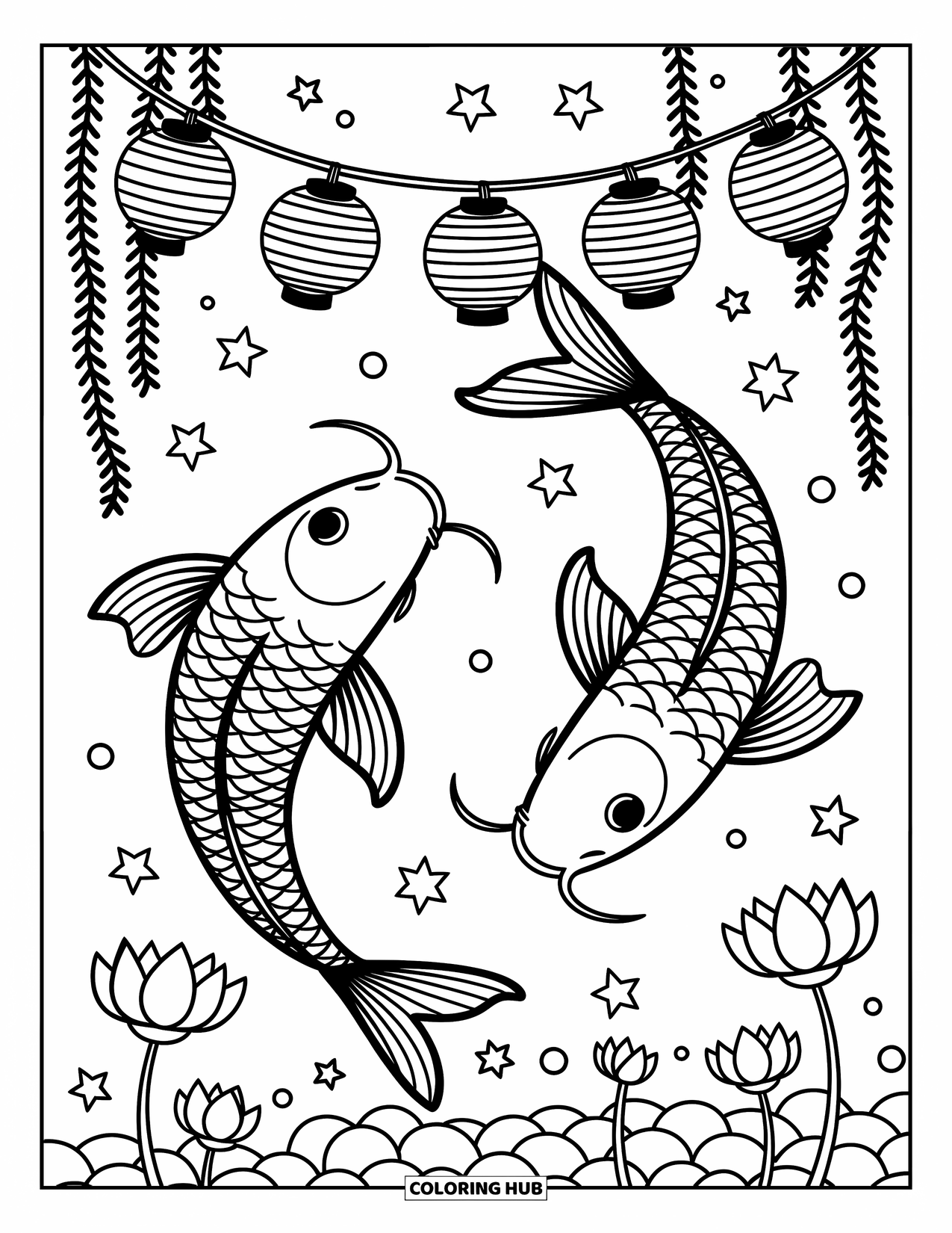 Disegno di pesce da colorare per adulti: Due pesci koi nuotano in acque calme, intrecciandosi tra lanterne galleggianti e delicati fiori di loto