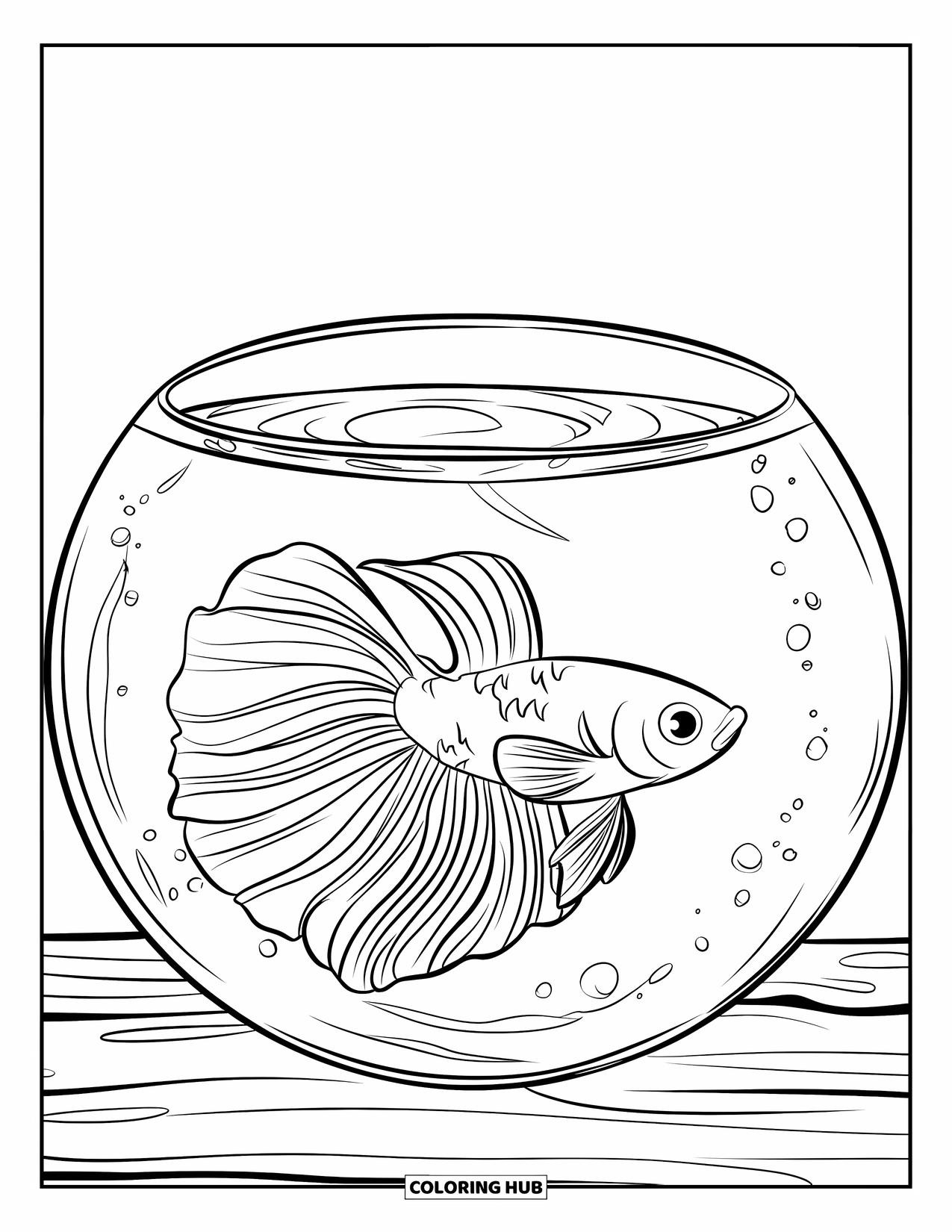 Disegno di pesce da colorare per bambini: Un pesce betta scivola attraverso una piccola ciotola d'acqua, con la coda che scorre come un nastro morbido