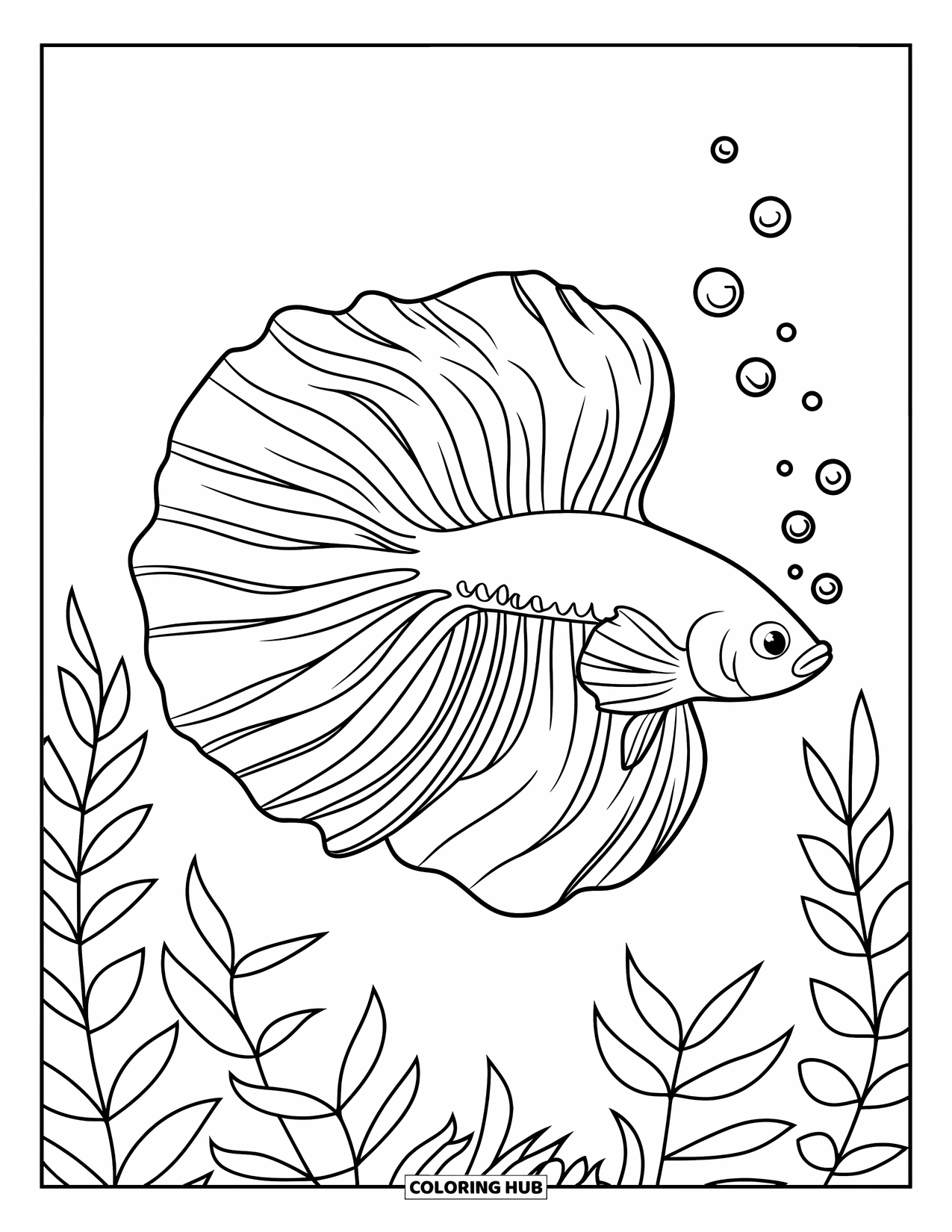 Disegno di pesce da colorare per bambini: Un pesce betta nuota in acque limpide, con la coda che si trascina elegantemente tra le bolle galleggianti