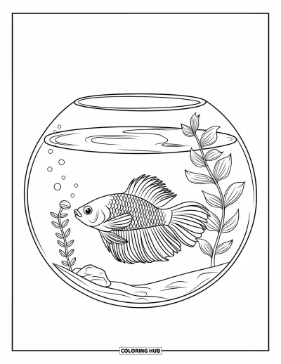 Fish Coloring Page for Kids: A betta fish with a short, wavy tail swims inside a fishbowl with a tiny plant