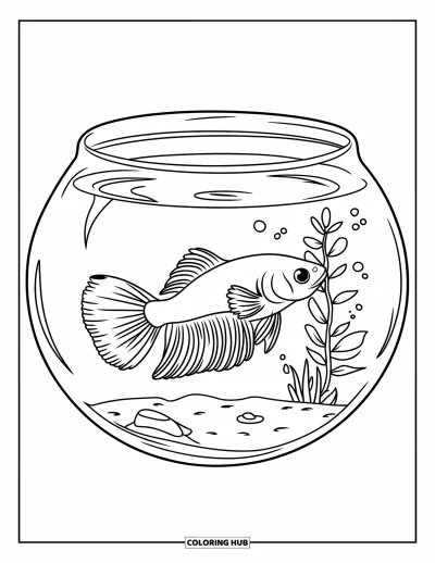 Fish Coloring Page for Kids: A betta fish with a wavy tail swims inside a round fishbowl with a tiny plant