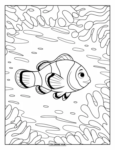 Fish Coloring Page for Kids: A bright clownfish swims past soft, wavy coral in a calm, open water setting