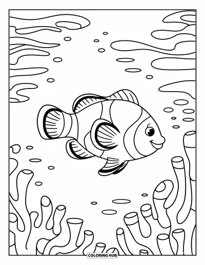 Fish Coloring Page for Kids: A cheerful clownfish swims among wavy coral, surrounded by gentle ocean currents