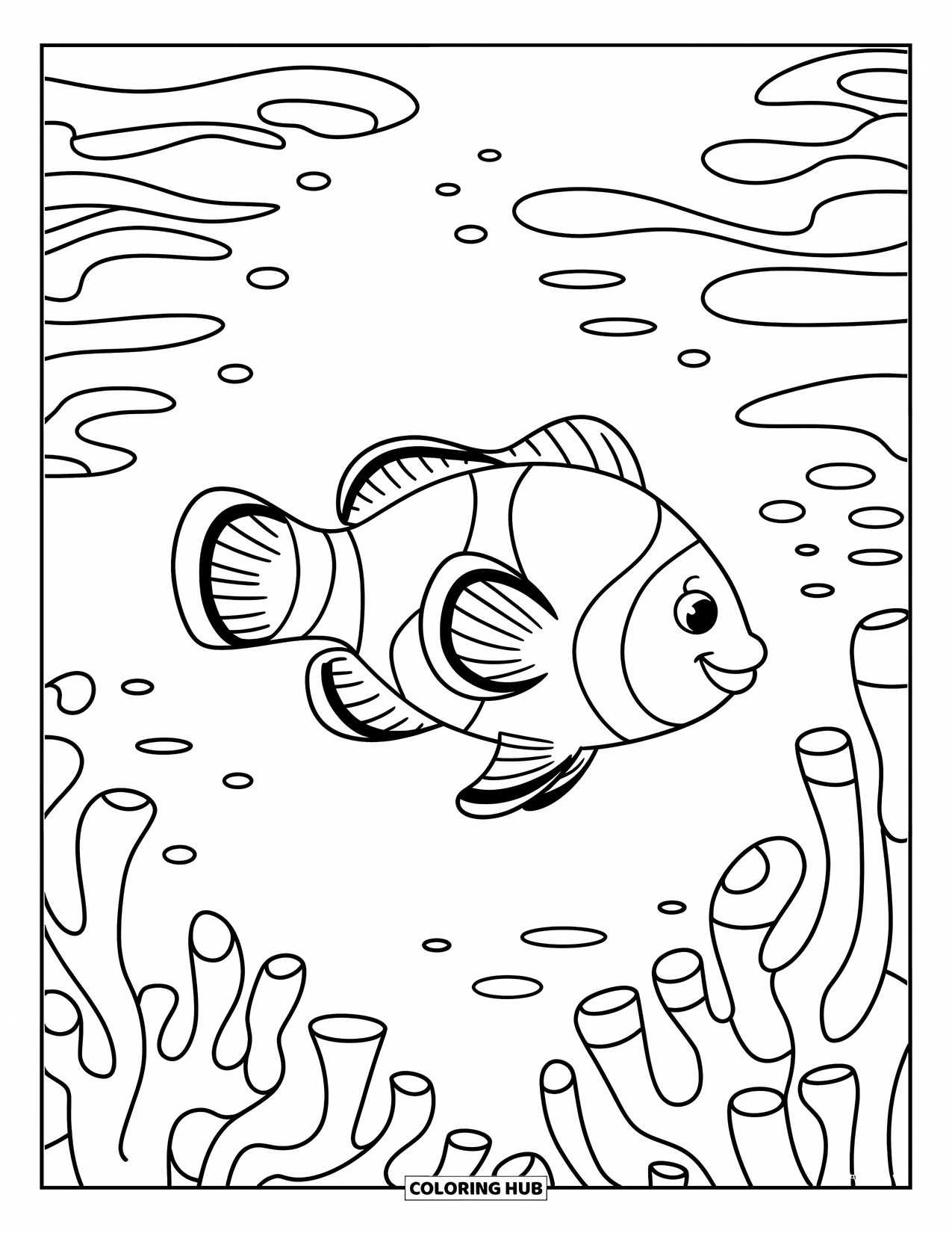 Disegno di pesce da colorare per bambini: Un allegro pesce pagliaccio nuota tra coralli ondulati, circondato da delicate correnti oceaniche