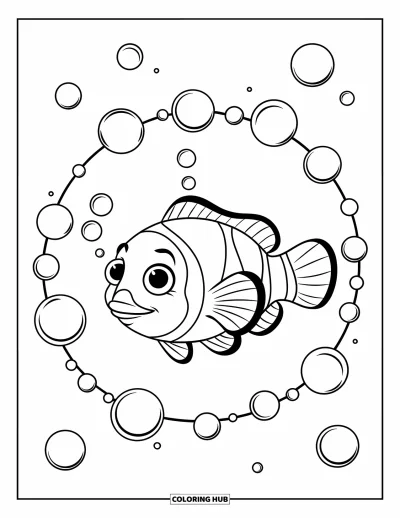 Fish Coloring Page for Kids: A cheerful clownfish with big eyes drifts in the water, surrounded by a circle of bubbles